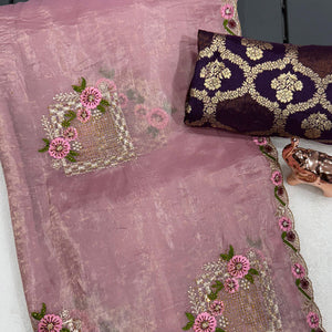 Stunning Pink Floral Embroidery & Swarovski Adorned Paper Silk Saree with Cutwork Border