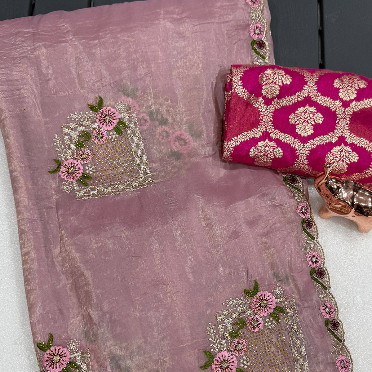 Stunning Pink Floral Embroidery & Swarovski Adorned Paper Silk Saree with Cutwork Border