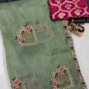Stunning Sage Green Floral Embroidery & Swarovski Adorned Paper Silk Saree with Cutwork Border
