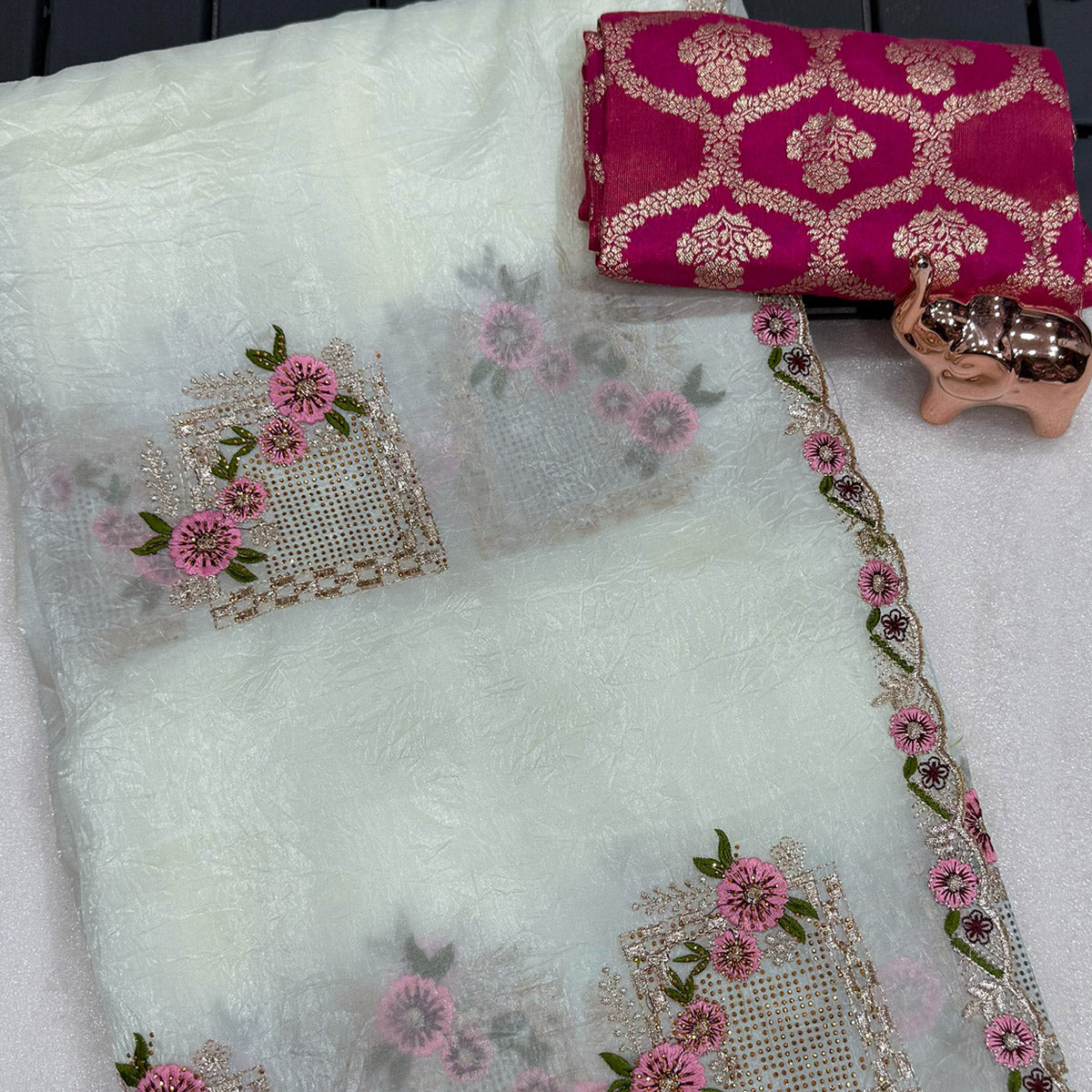 Stunning White Floral Embroidery & Swarovski Adorned Paper Silk Saree with Cutwork Border