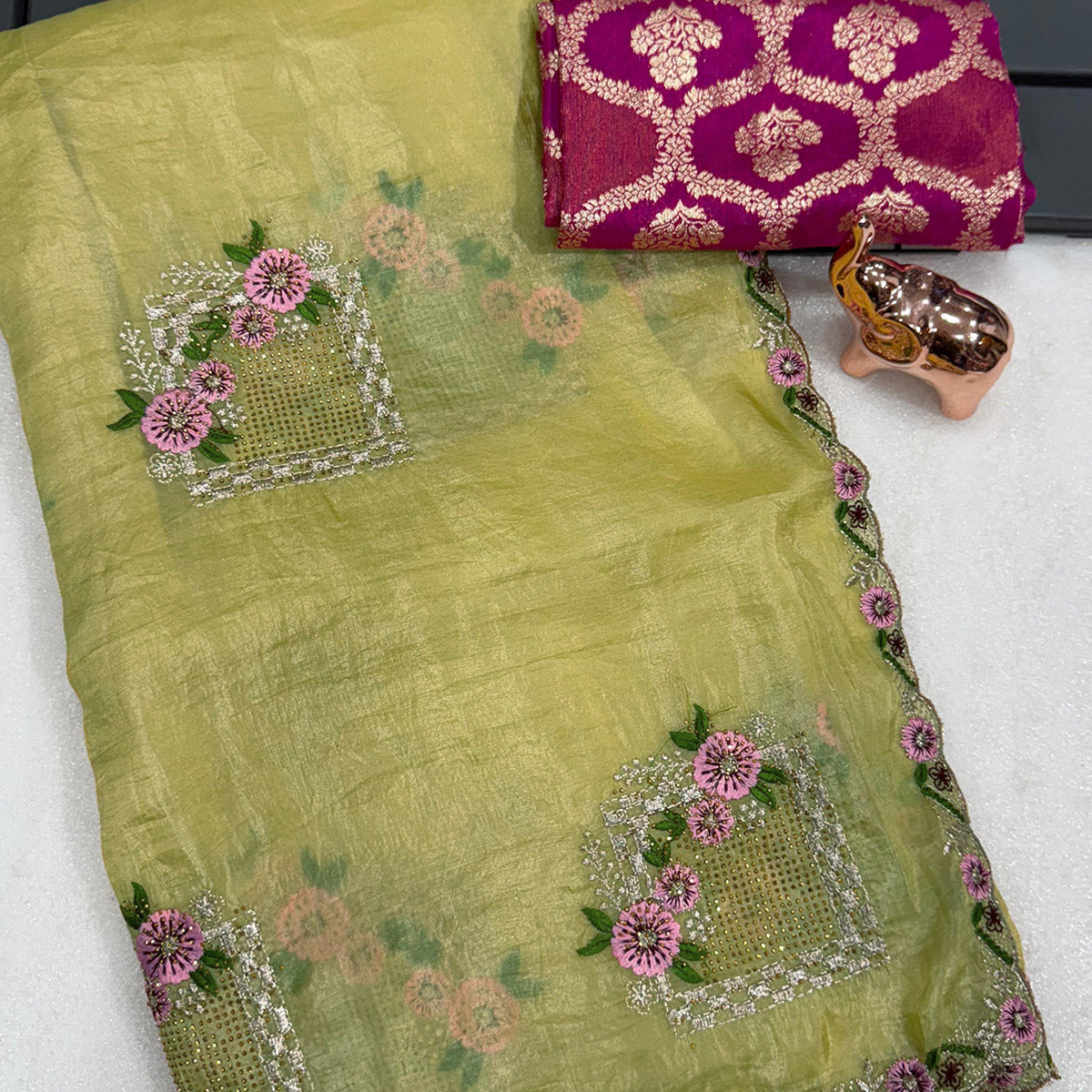 Stunning Yellow Floral Embroidery & Swarovski Adorned Paper Silk Saree with Cutwork Border