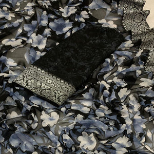 Black Floral Printed Georgette Saree With Woven Border