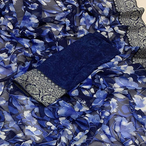Blue Floral Printed Georgette Saree With Woven Border