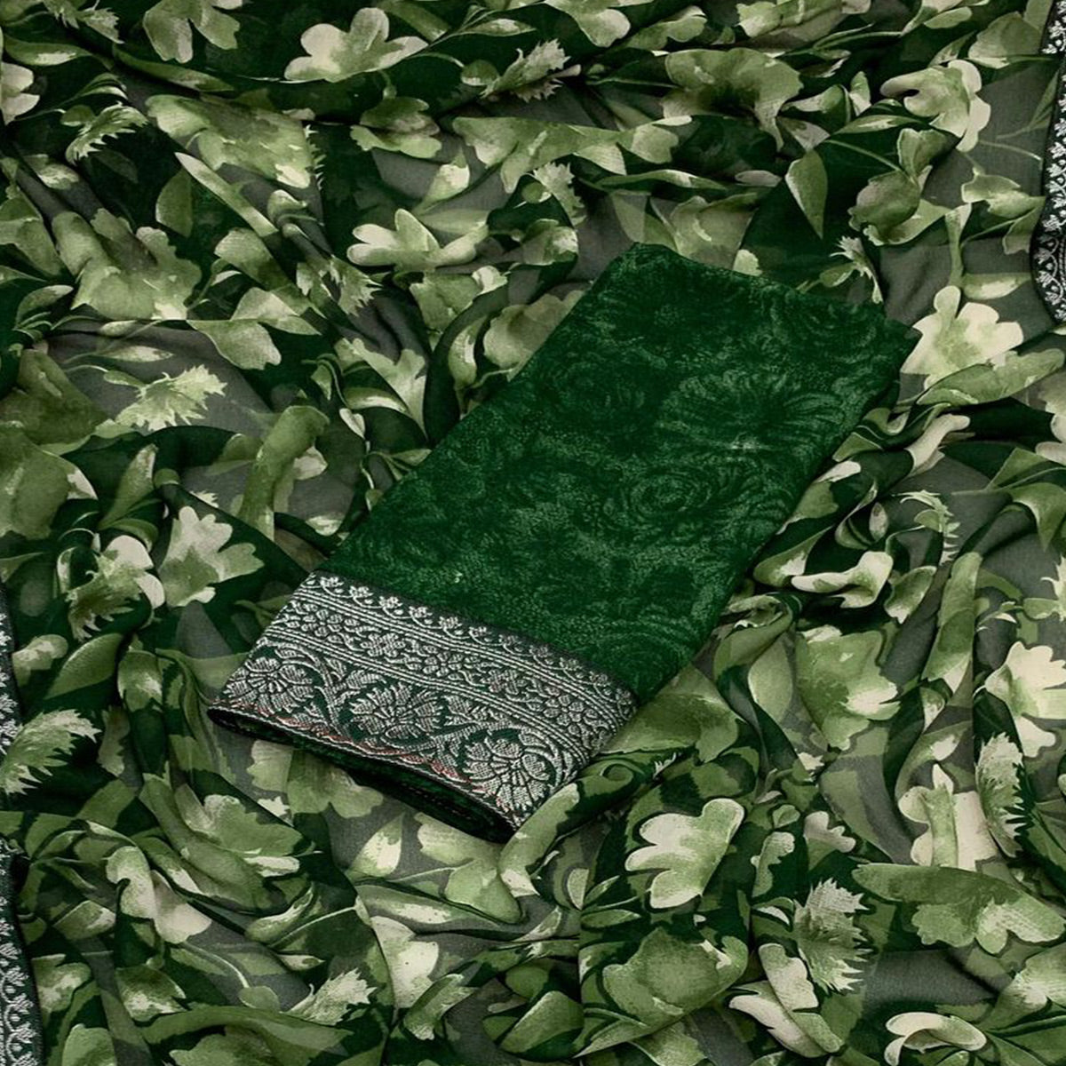 Green Floral Printed Georgette Saree With Woven Border