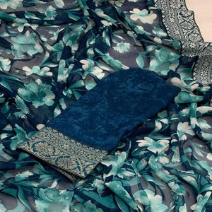 Teal Floral Printed Georgette Saree With Woven Border