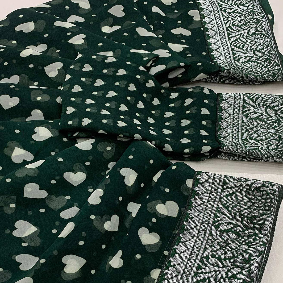 Green Heart Printed Georgette Saree With Woven Border