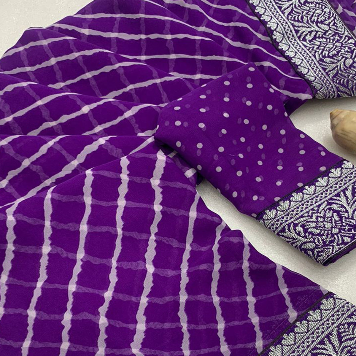 Purple Leheriya Printed Georgette Saree With Woven Border