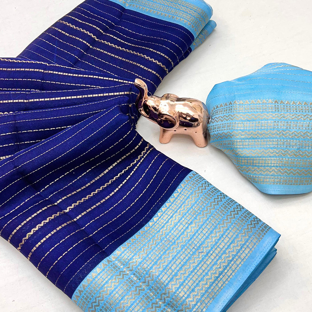 Classic Blue Marshmallow Jacquard Saree Adorned With Refined Striped Zari Weaving Patterns