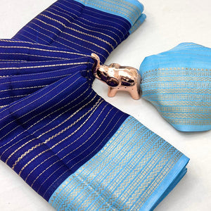 Classic Blue Marshmallow Jacquard Saree Adorned With Refined Striped Zari Weaving Patterns