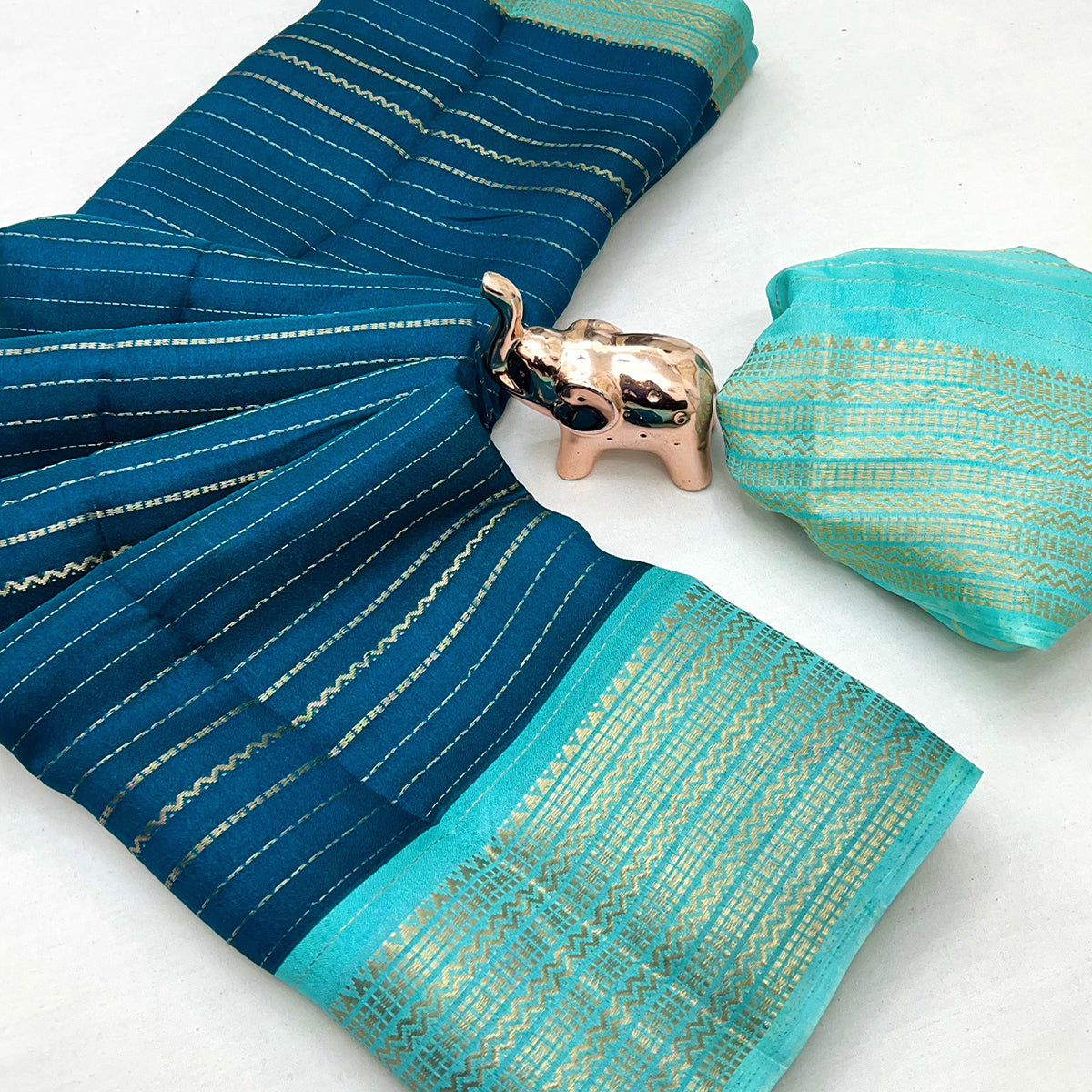 Classic Teal Marshmallow Jacquard Saree Adorned With Refined Striped Zari Weaving Patterns