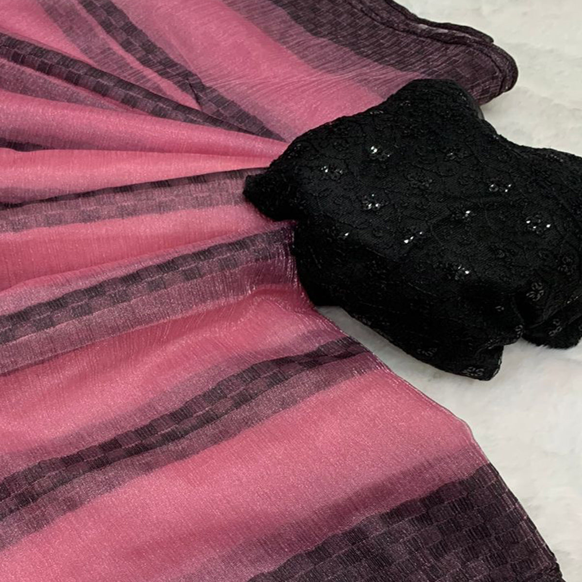 Pink Woven Net Saree With Tassels