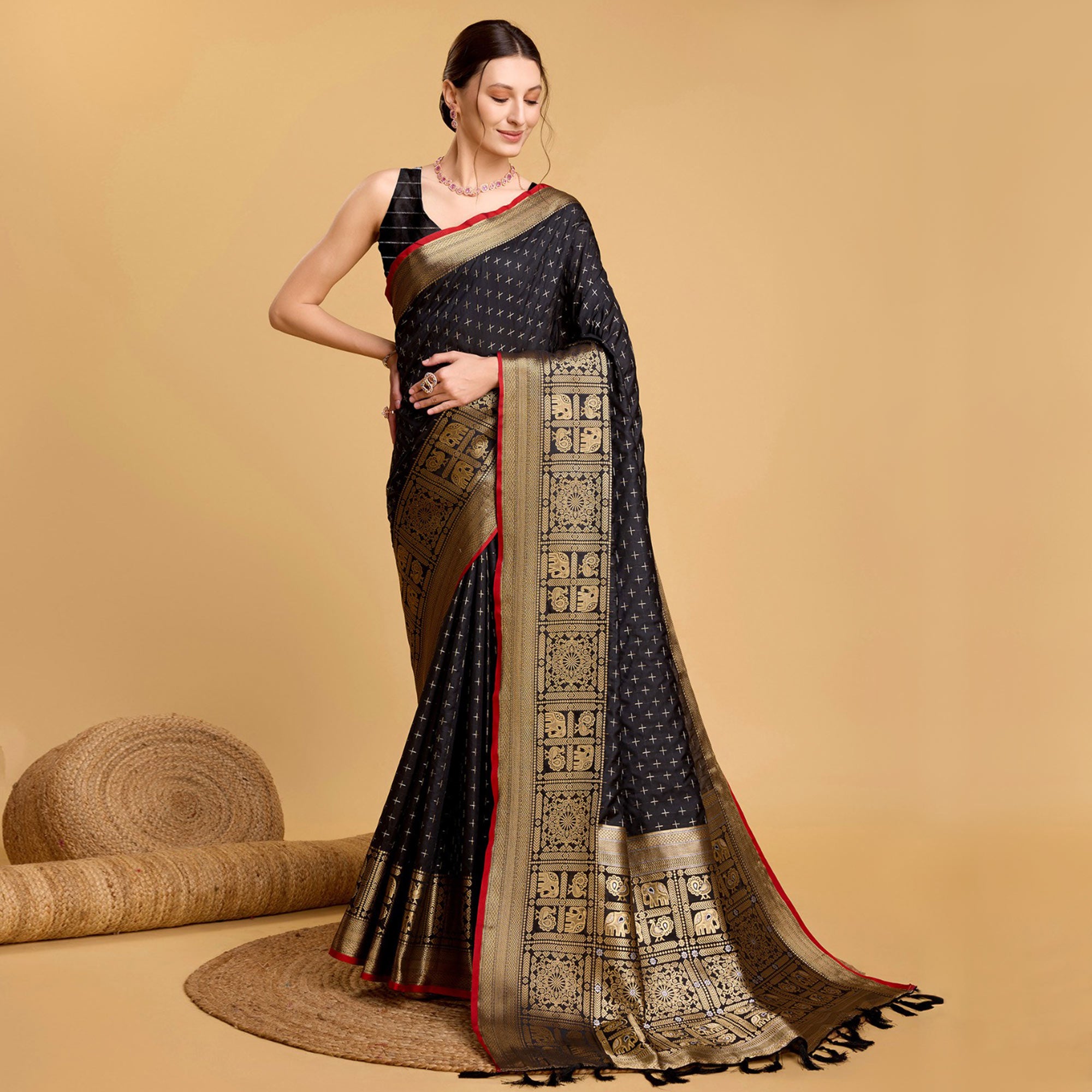 Black Woven Pure Silk Saree With Tassels