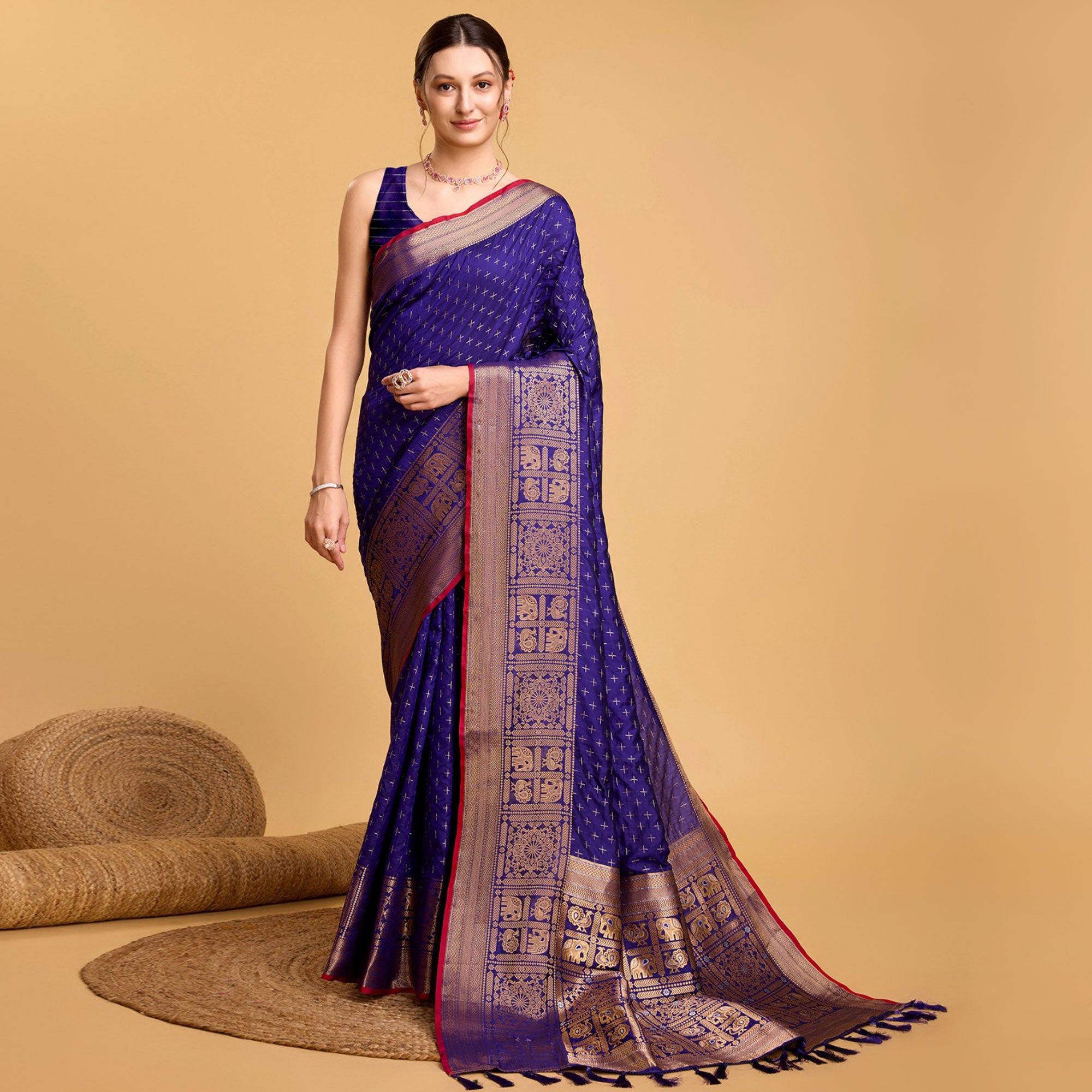 Blue Woven Pure Silk Saree With Tassels