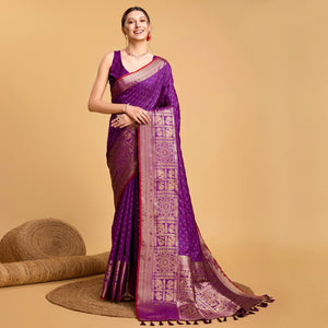 Purple Woven Pure Silk Saree With Tassels