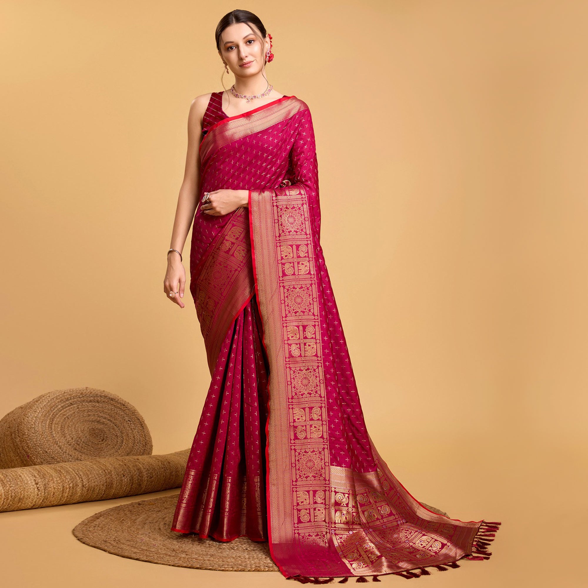 Rani Pink Woven Pure Silk Saree With Tassels