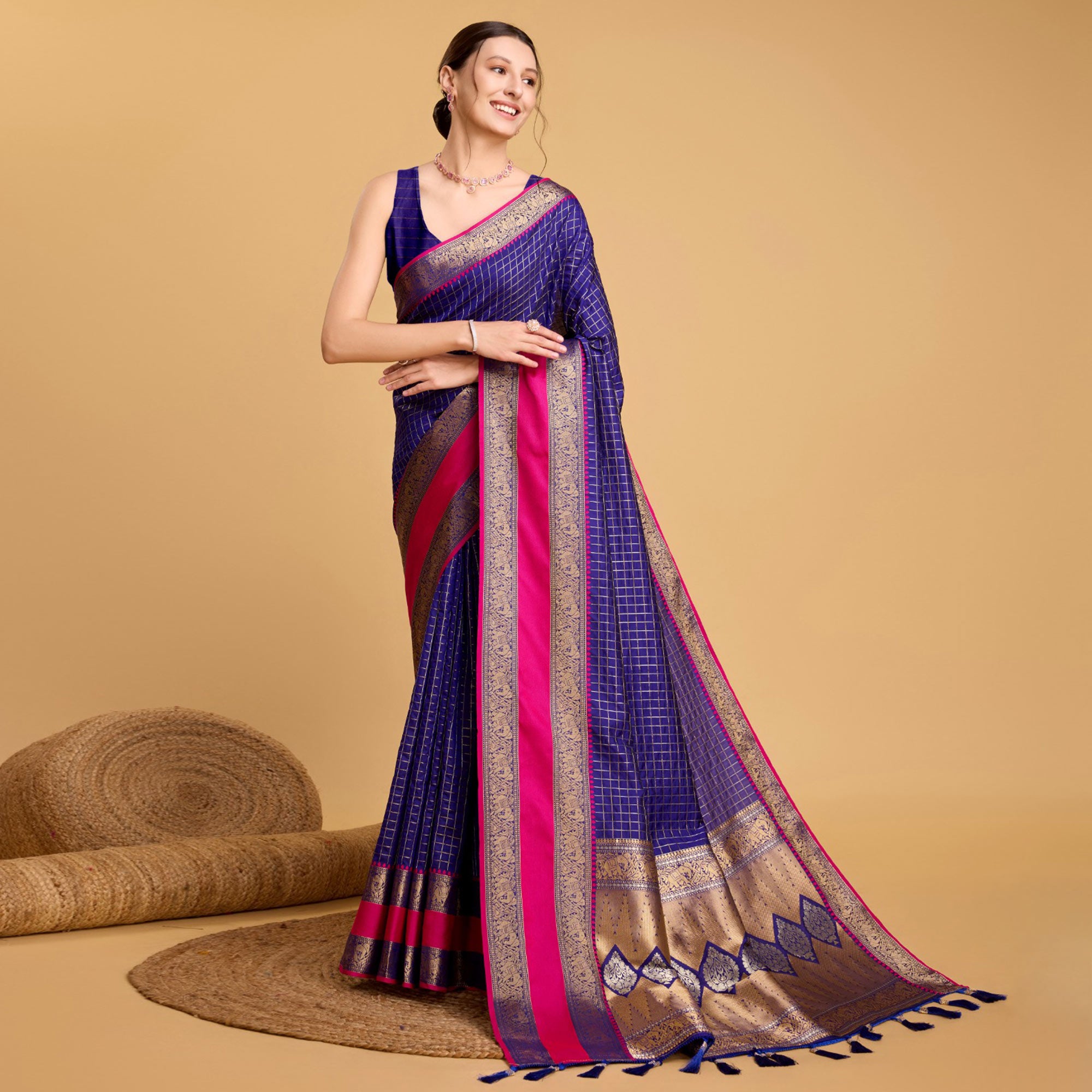 Blue Checks Woven Pure Silk Saree With Tassels