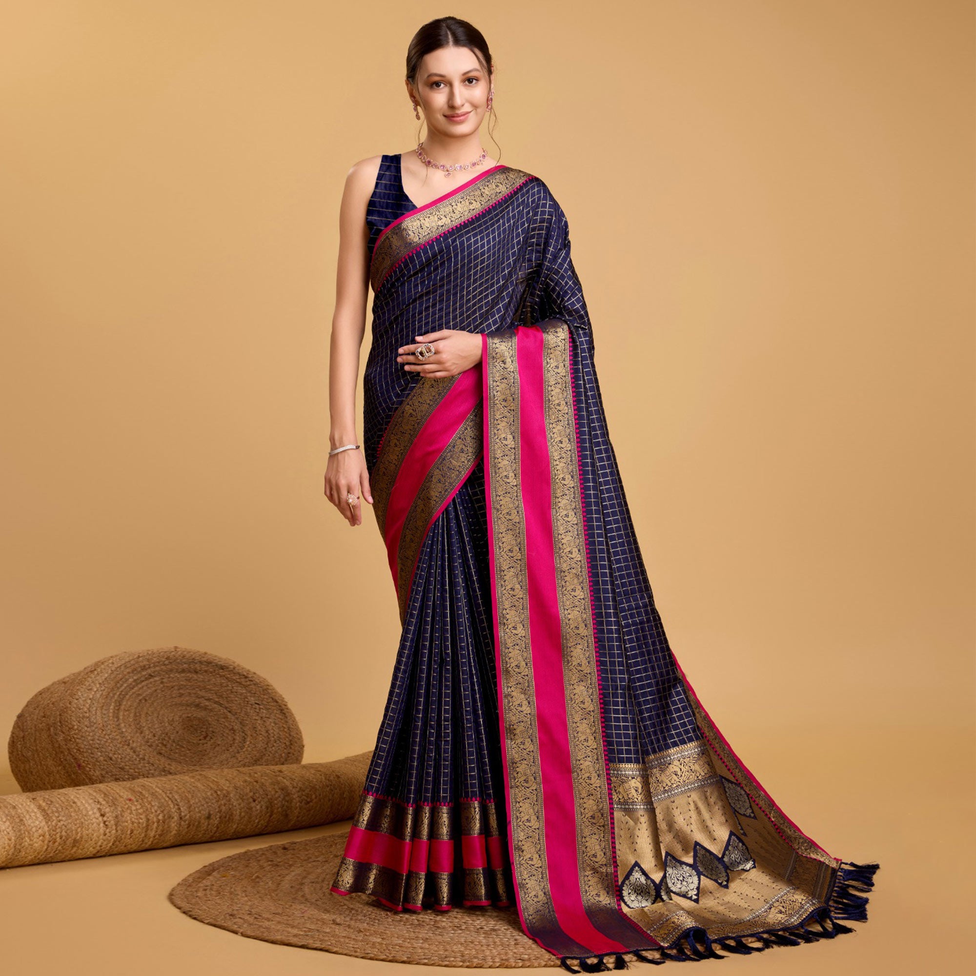 Navy Blue Checks Woven Pure Silk Saree With Tassels