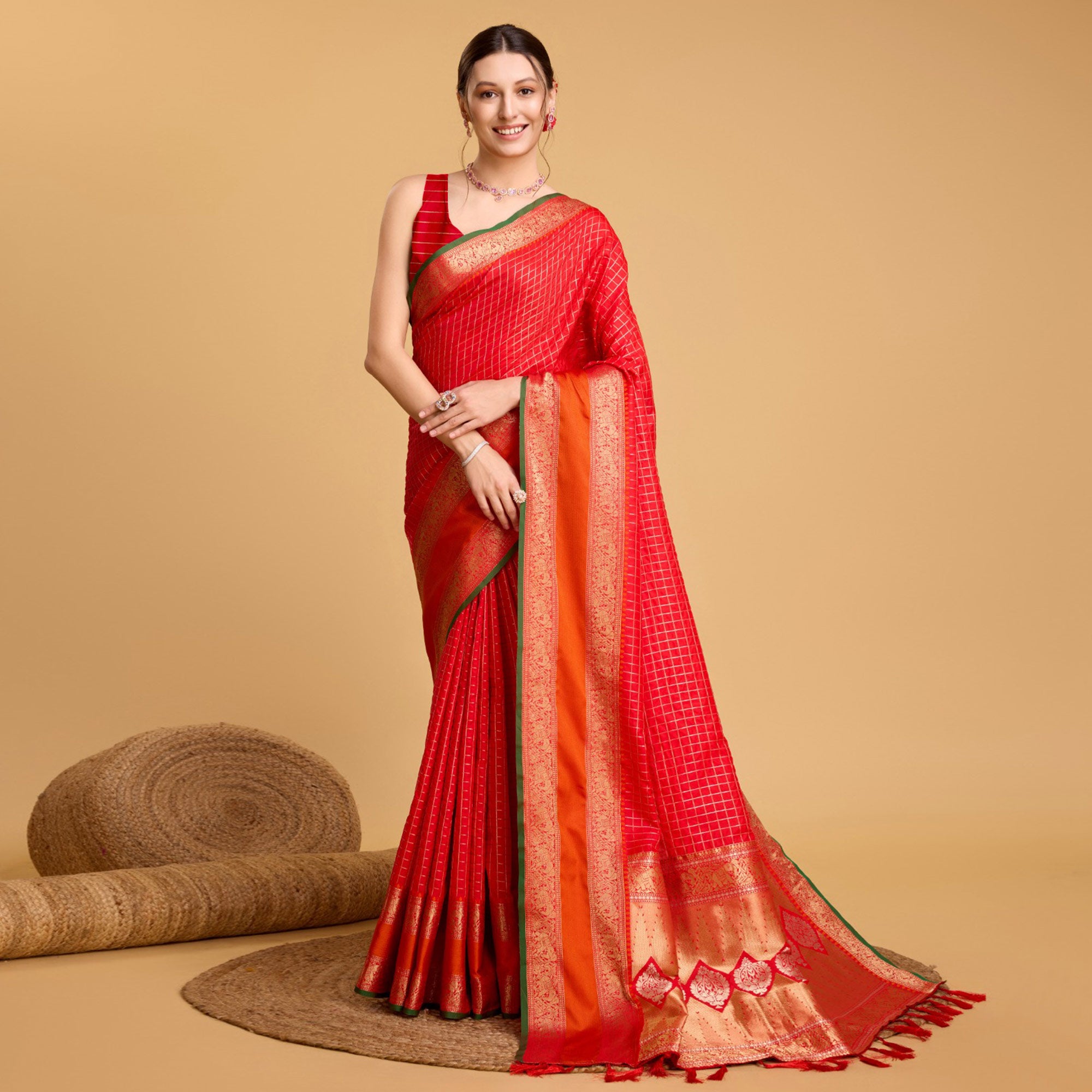 Red Checks Woven Pure Silk Saree With Tassels