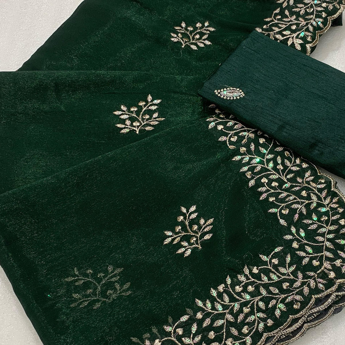 Green Sequins Embroidered Shimmer Silk Saree