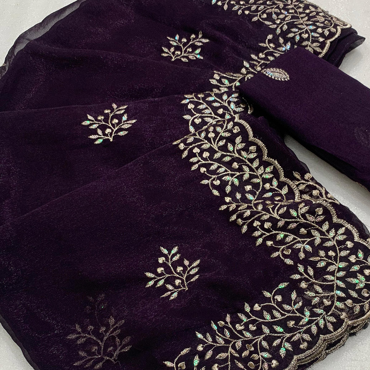 Purple Sequins Embroidered Shimmer Silk Saree
