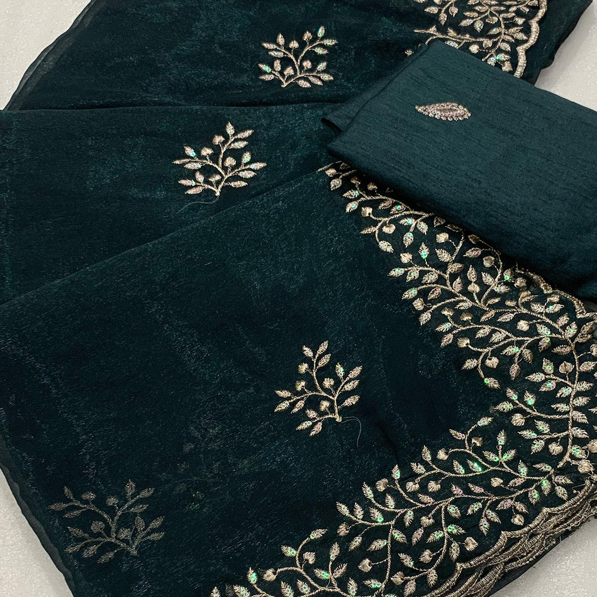 Teal Sequins Embroidered Shimmer Silk Saree