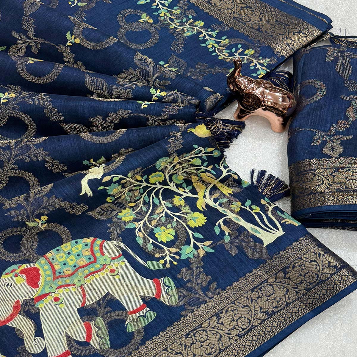 Exquisite Navy Blue Floral Weaving Tusser Silk Jacquard Saree Highlighted With Elephant Motif Pallu