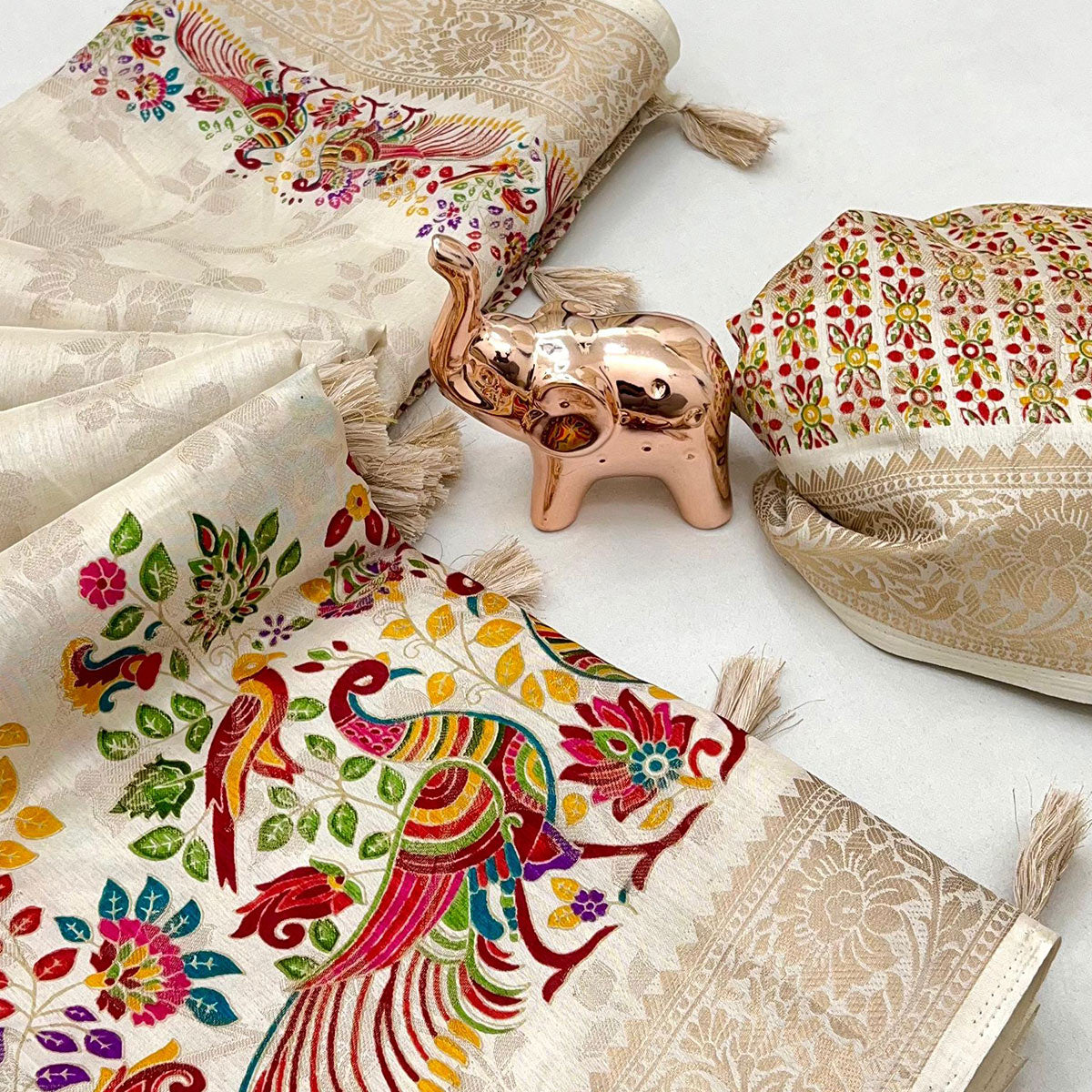 Cream Tussar Silk Jacquard Saree With Intricate Floral Zari Weaving & Tassel Border