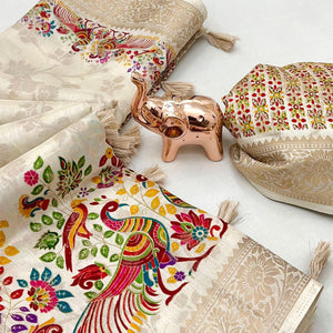 Cream Tussar Silk Jacquard Saree With Intricate Floral Zari Weaving & Tassel Border