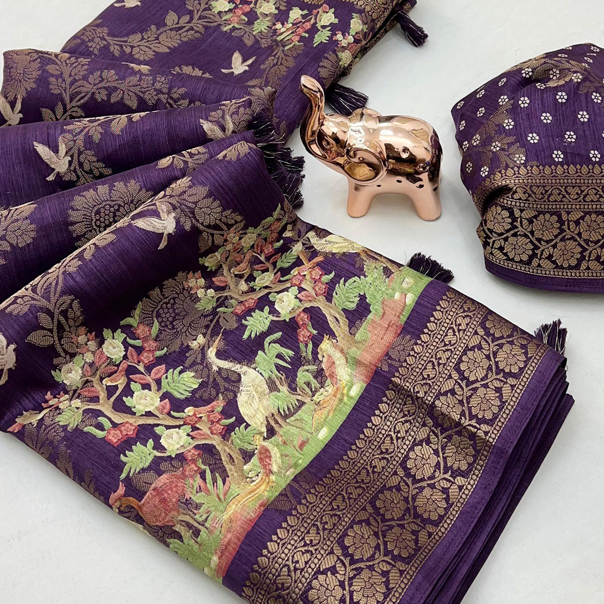Purple Tussar Silk Jacquard Saree With Intricate Floral Zari Weaving & Tassel Border