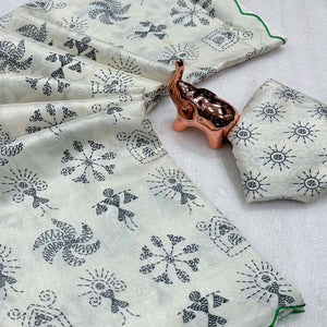 Minimalist Off White Warli Printed Saree in Comfortable Soft Dola Silk Fabric