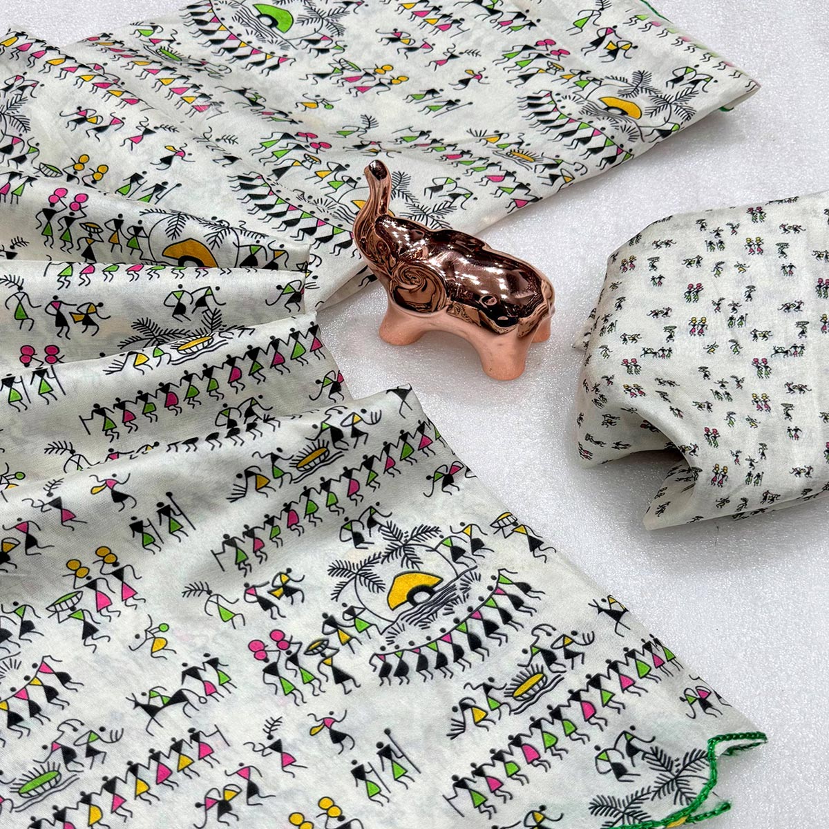 Elegant Off White Dola Silk Saree with Traditional Warli Print