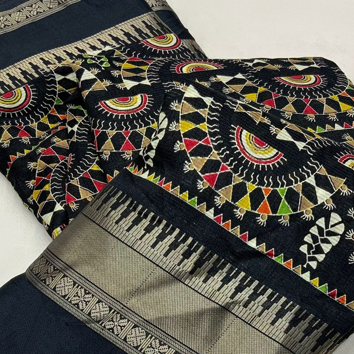 Black Warli Printed Crepe Saree With Zari Border