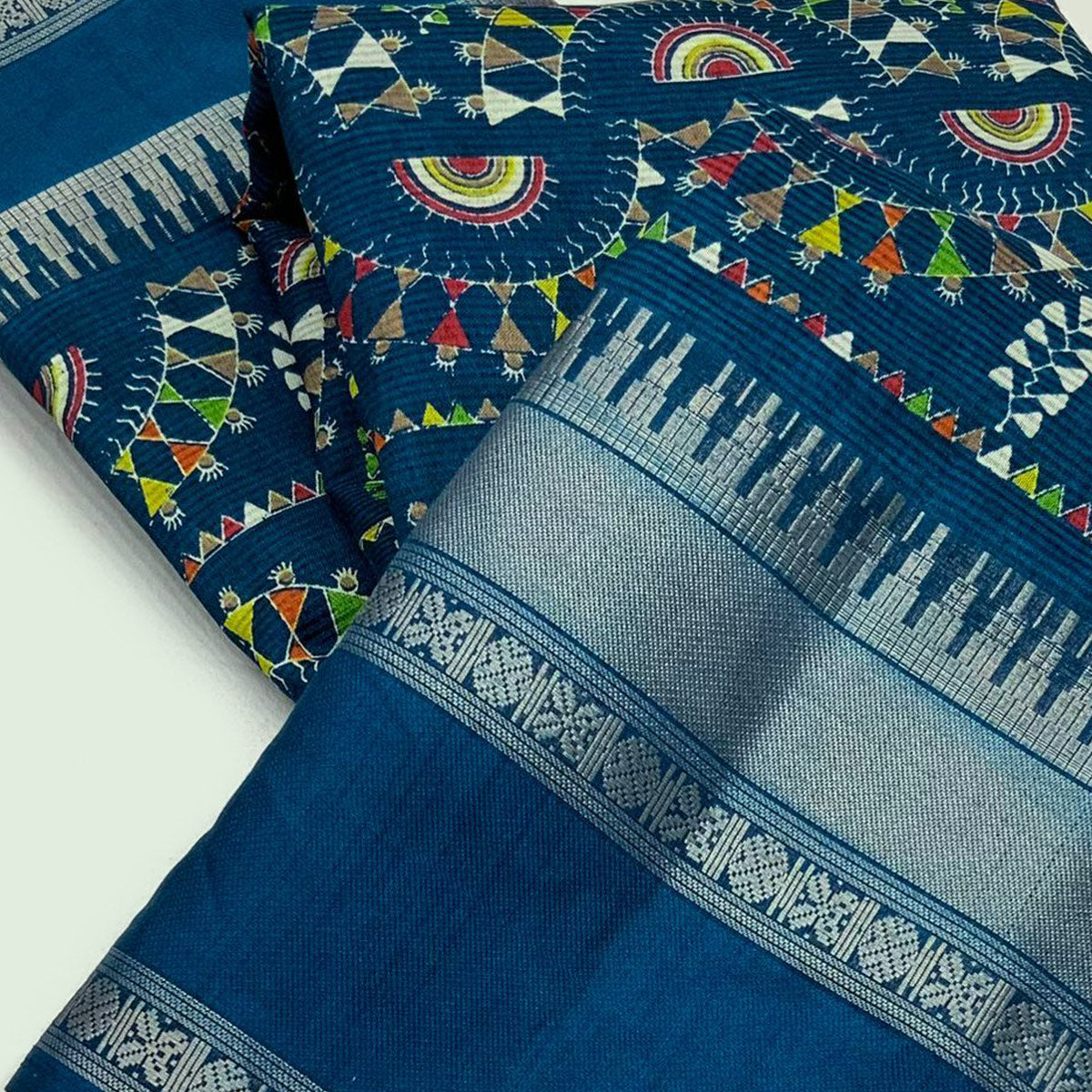 Blue Warli Printed Crepe Saree With Zari Border