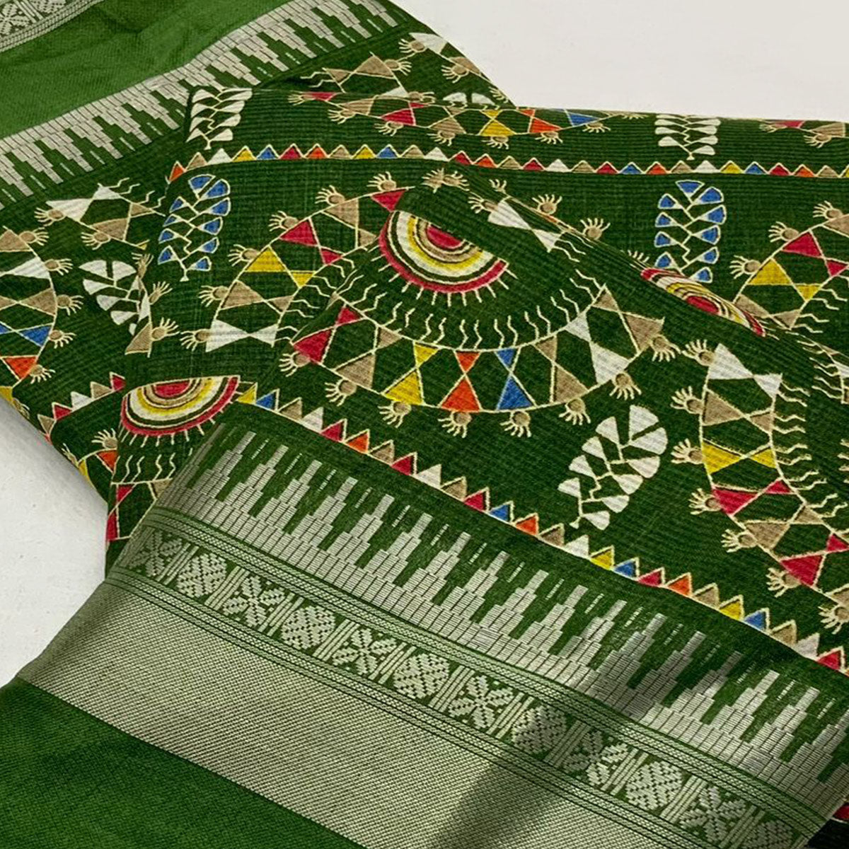 Green Warli Printed Crepe Saree With Zari Border