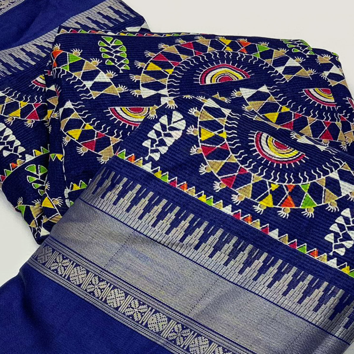 Navy Blue Warli Printed Crepe Saree With Zari Border