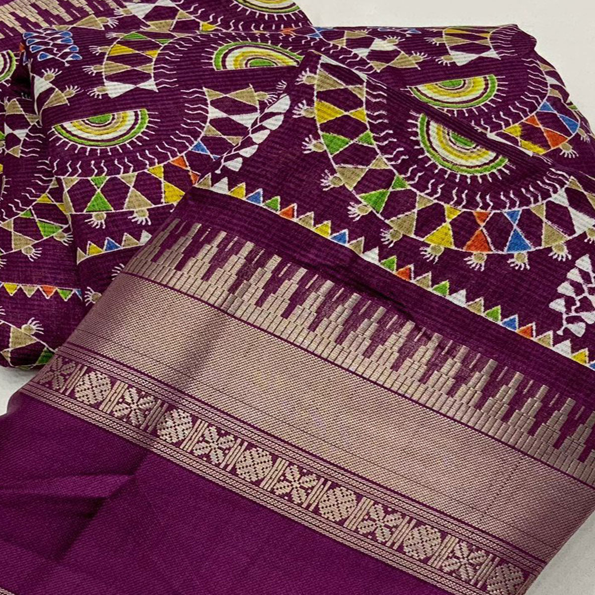 Purple Warli Printed Crepe Saree With Zari Border