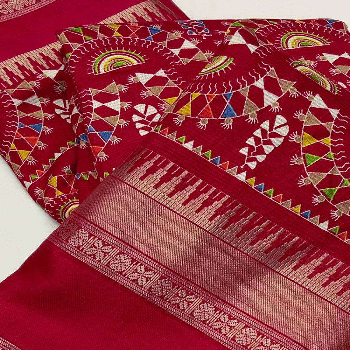 Red Warli Printed Crepe Saree With Zari Border