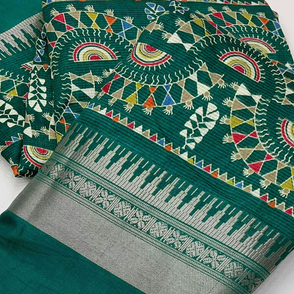 Rama Green Warli Printed Crepe Saree With Zari Border