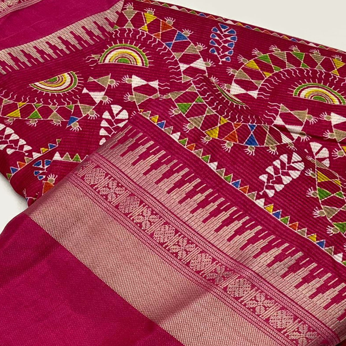 Rani Pink Warli Printed Crepe Saree With Zari Border