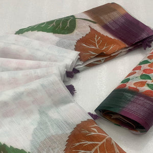 White Printed Linen Saree With Zari Work