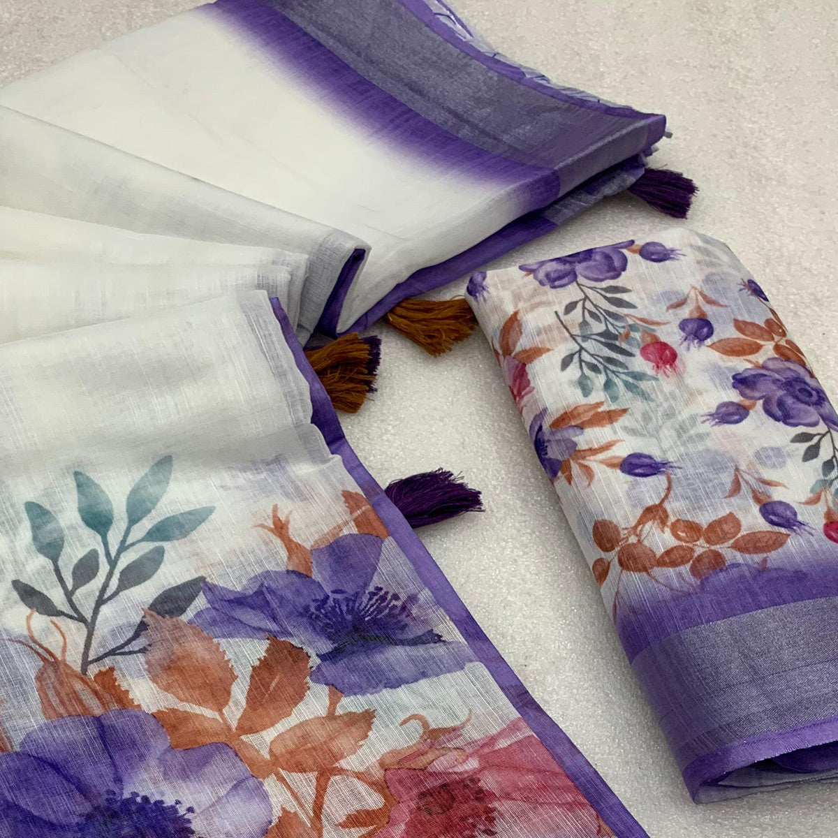 White & Lavender Printed Linen Saree With Zari Work