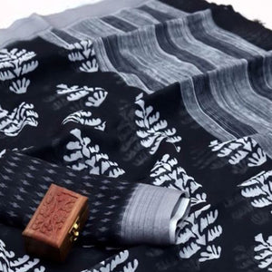 Black Kalamkari Digital Printed Linen Saree