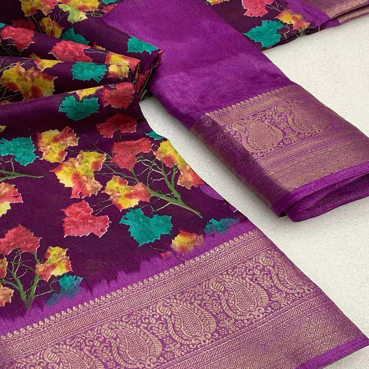Purple Floral Printed Dola Silk Saree