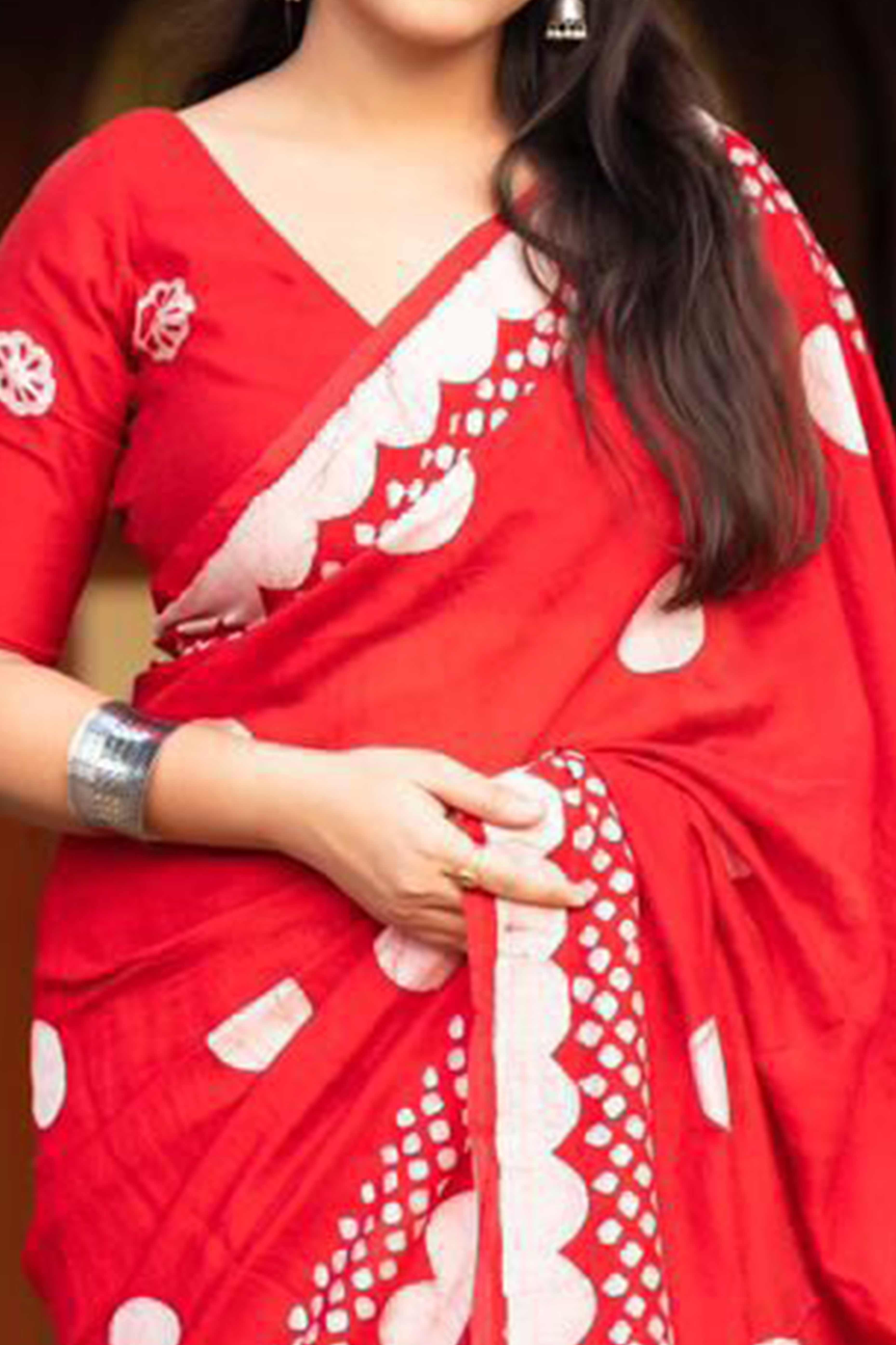 Red Linen Saree With Vibrant Polka Digital Print & Trendy Tassel Pallu