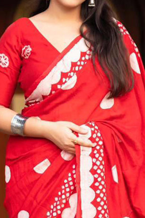 Red Linen Saree With Vibrant Polka Digital Print & Trendy Tassel Pallu