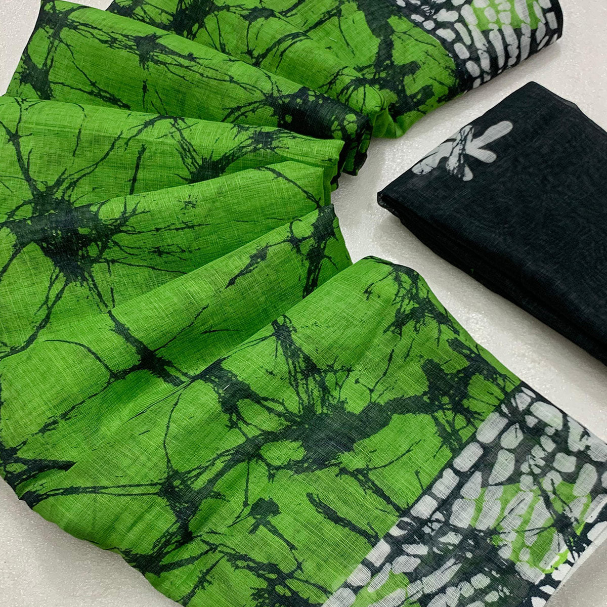 Parrot Green Digital Printed Linen Cotton Saree