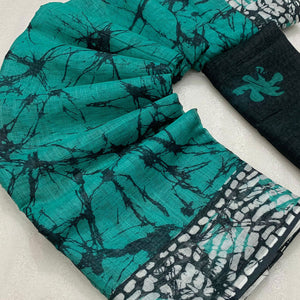 Turquoise Digital Printed Linen Cotton Saree