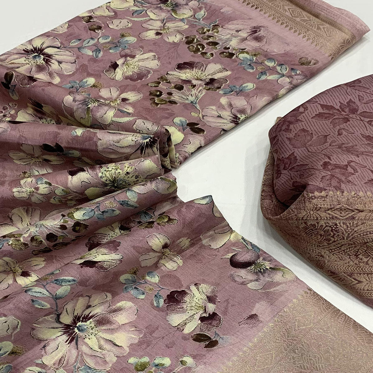 Mauve Floral Printed Dola Silk Saree With Weaving Border