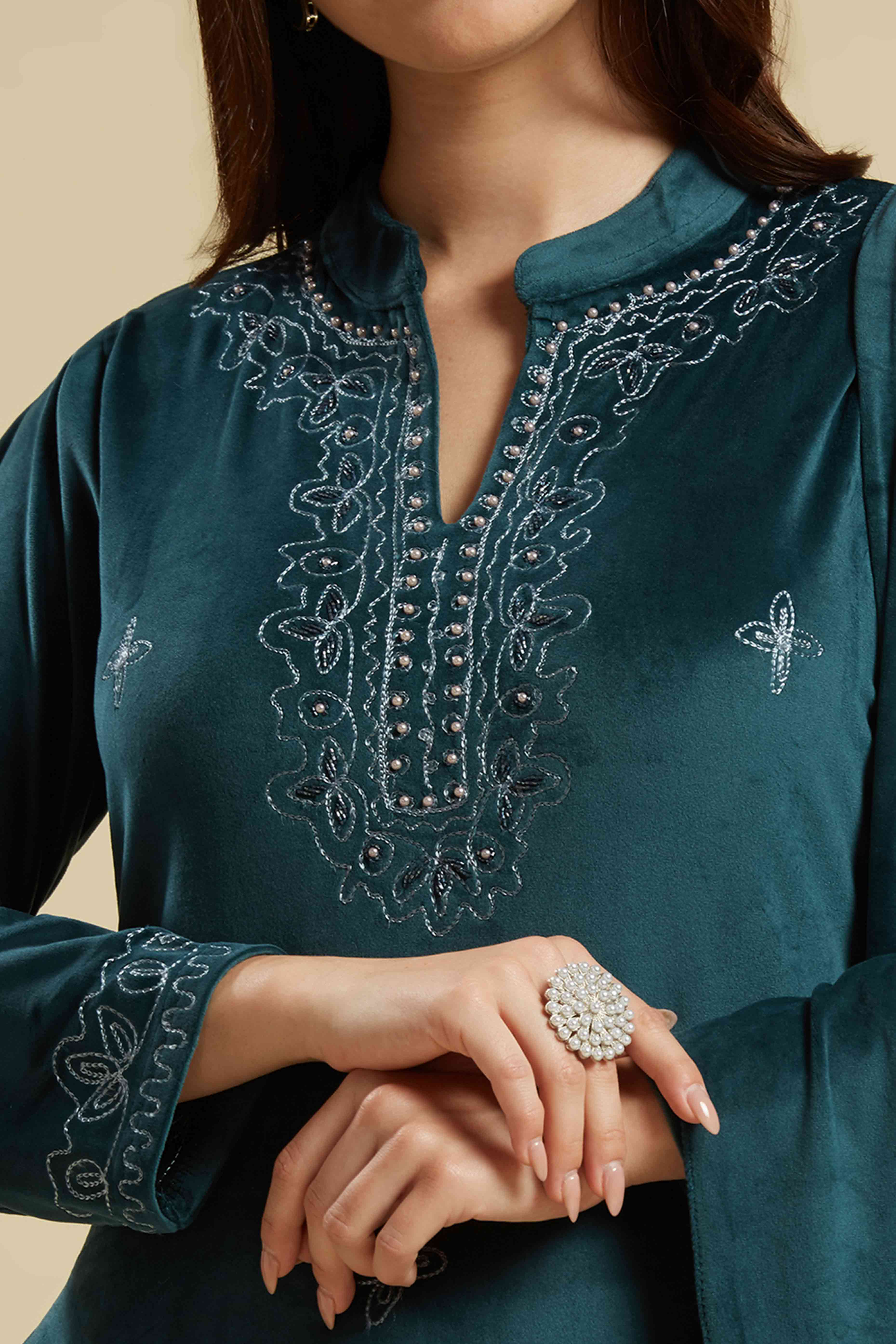 Rama Blue Embroidered Velvet Straight Salwar Suit