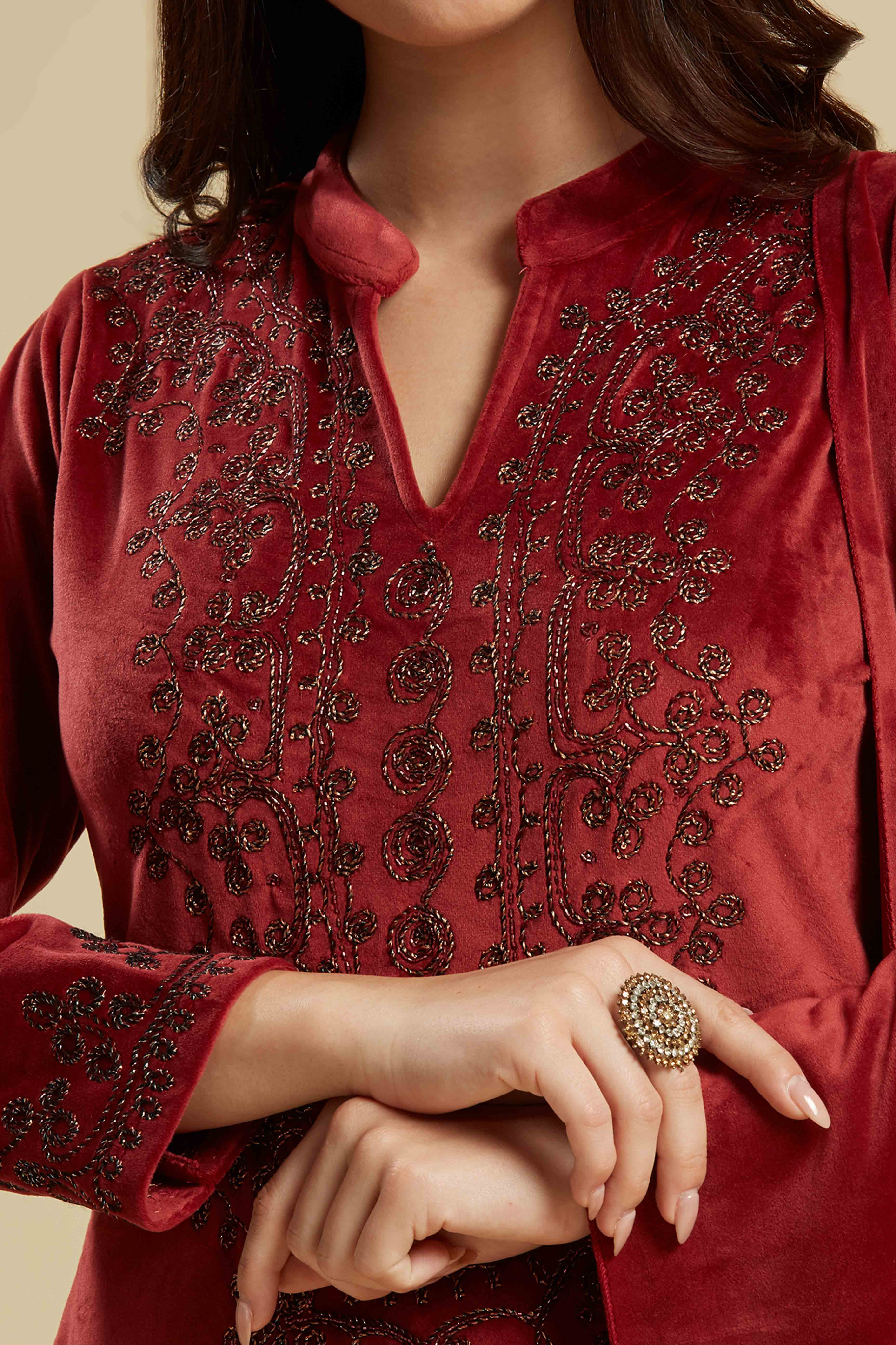 Wine Embroidered Velvet Straight Salwar Suit